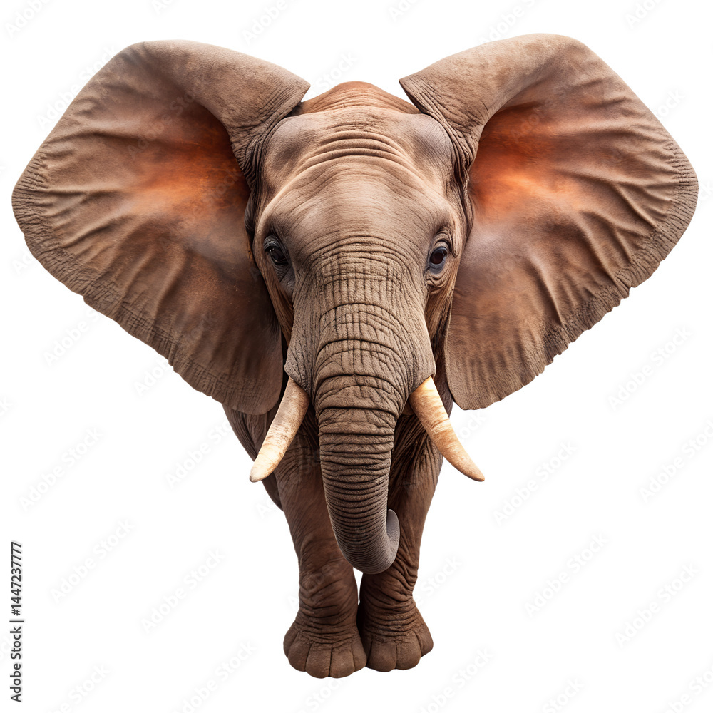Fototapeta premium Front view of a large african elephant with prominent tusks isolated on transparent background.