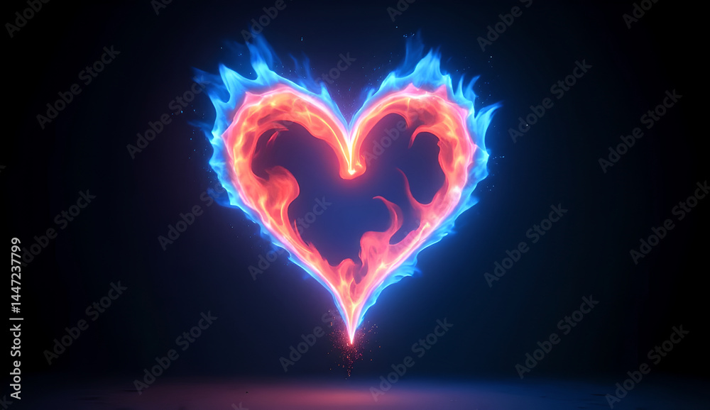 Heart-shaped fire burns with electric blue and red flames, symbolizing passion and intensity in a captivating display. Heart-shaped fire burns with electric blue and red flames, symbolizing passion and intensity in a captivating display.