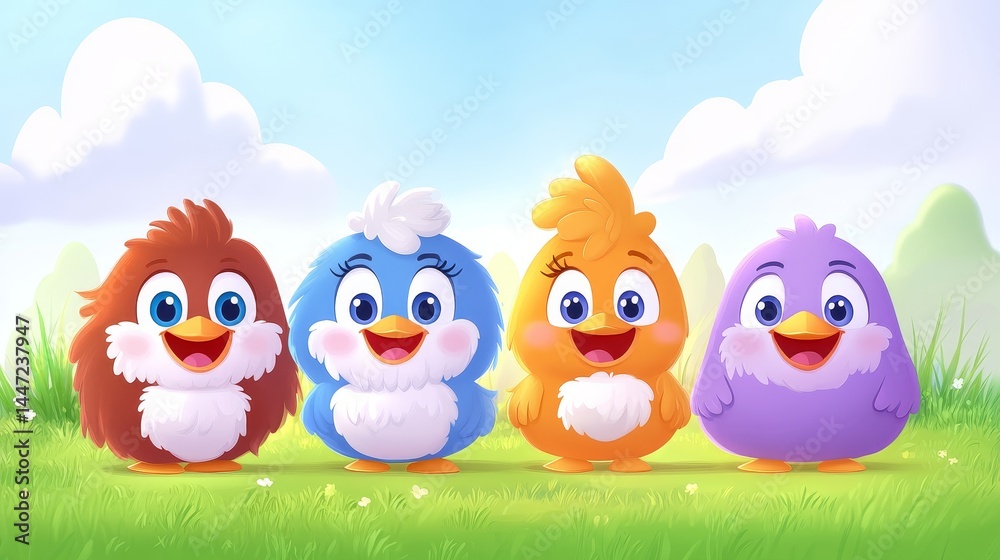 Obraz premium Adorable cartoon birds lined up in a bright colorful spring scene perfect for children's books and educational material for early learners design