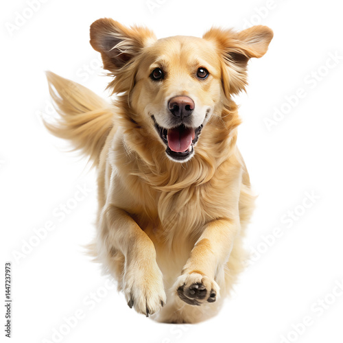 Happy golden retriever running towards the viewer happily isolated on transparent background.