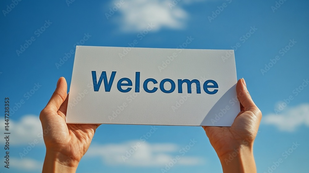 Embracing Optimism: Hands Holding a Welcome Sign Against a Clear Blue Sky with Fluffy Clouds, Symbolic Gesture of Hospitality and Positive Outlook Embracing Optimism: Hands Holding a Welcome Sign Against a Clear Blue Sky with Fluffy Clouds, Symbolic Gesture of Hospitality and Positive Outlook