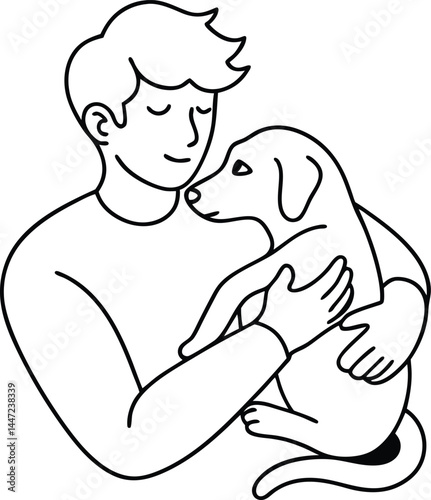Man hugging his dog in a heartfelt minimalist continuous line drawing capturing love loyalty and the bond between humans and pets for emotional themed artworks