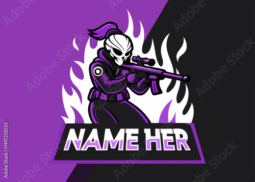 A dynamic illustration of a female sniper character, depicted with a skull-like mask and holding a rifle, set against a backdrop of purple flames.
