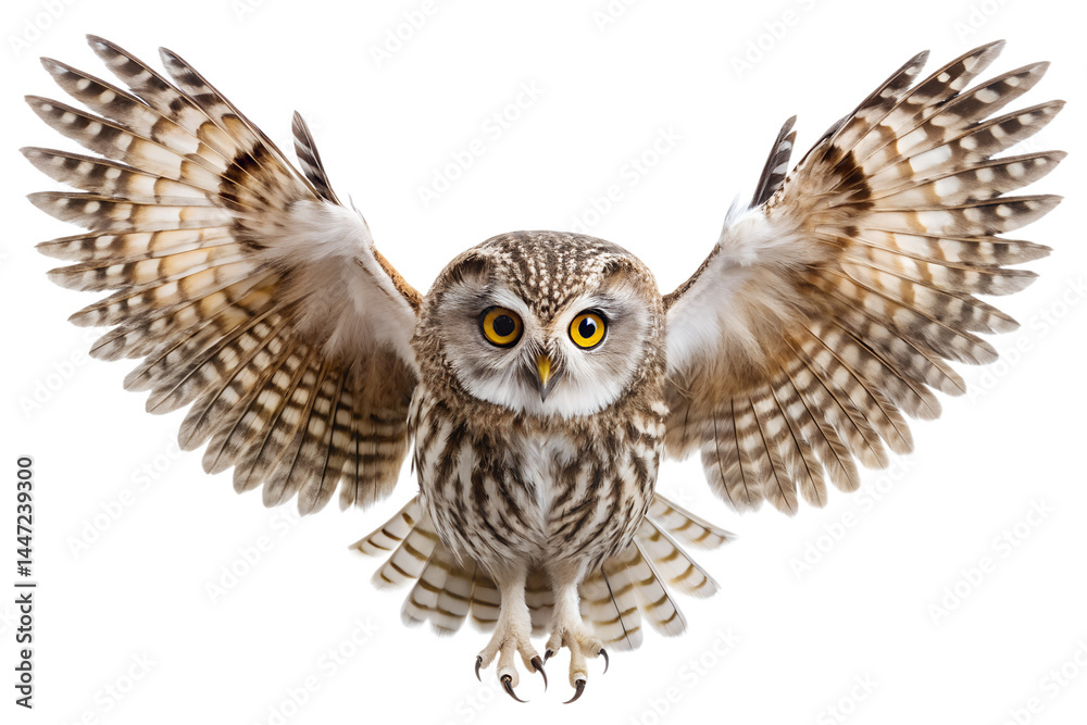 Obraz premium Spotted owl with wings spread wide on a pristine canvas view isolated on transparent background.