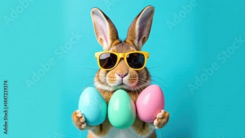 Cool bunny rabbit wearing sunglasses holding three colorful Easter eggs in front of a blue background