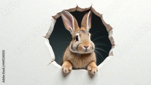 Easter bunny poster peeking out of a hole in the wall with copy space, rabbit jumps out of a torn hole