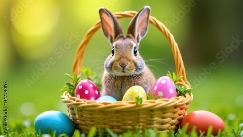 A rabbit sits in a colorful basket filled with decorated Easter eggs, showcasing vivid colors and festive charm