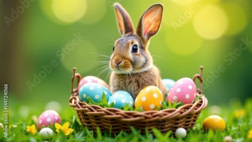A rabbit sits in a colorful basket filled with decorated Easter eggs, showcasing vivid colors and festive charm