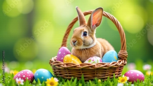 A rabbit sits in a colorful basket filled with decorated Easter eggs, showcasing vivid colors and festive charm