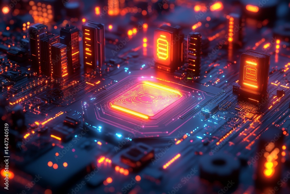 Naklejka premium Futuristic city on circuit board; data processing