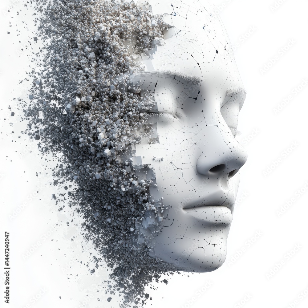 Abstract digital human face. Artificial intelligence concept of big data or cyber security. 3D illustration Abstract digital human face. Artificial intelligence concept of big data or cyber security. 3D illustration