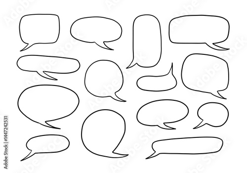 Hand Drawn Speech Bubble And Text Frame. A playful collection of 14 hand drawn speech bubbles and text frames in various styles including round square oval. Perfect for comics dialogue captions