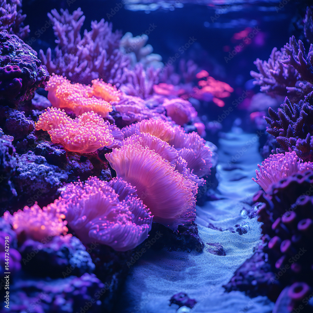 Obraz premium A luminous coral reef at dusk, with soft purple and pink hues glowing from the coral and marine life