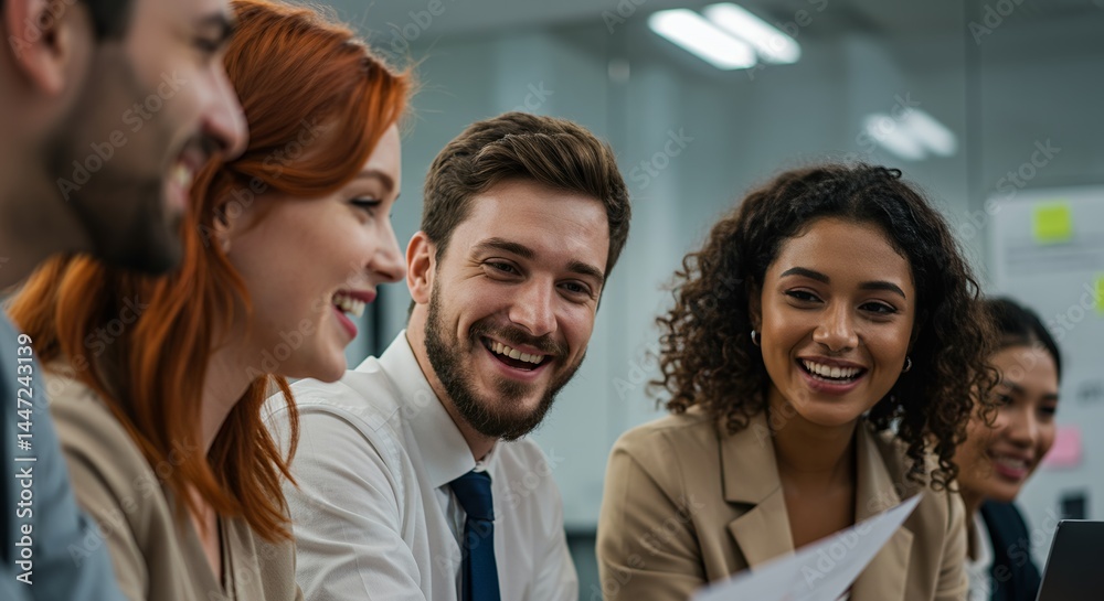 Diverse group of smiling colleagues collaborating and laughing together during a business meeting in a modern office environment, teamwork concept. Diverse group of smiling colleagues collaborating and laughing together during a business meeting in a modern office environment, teamwork concept.