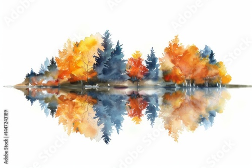 Vibrant autumn landscape reflecting on a calm lake with trees in warm hues . Watercolor illustration on white watercolor background.