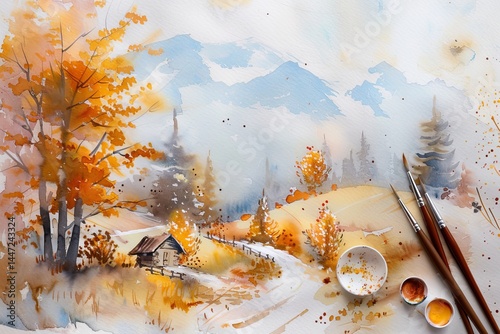 Beautiful autumn landscape with a winding path and a cozy cabin in the mountains. Watercolor illustration with paints and brush on canvas.