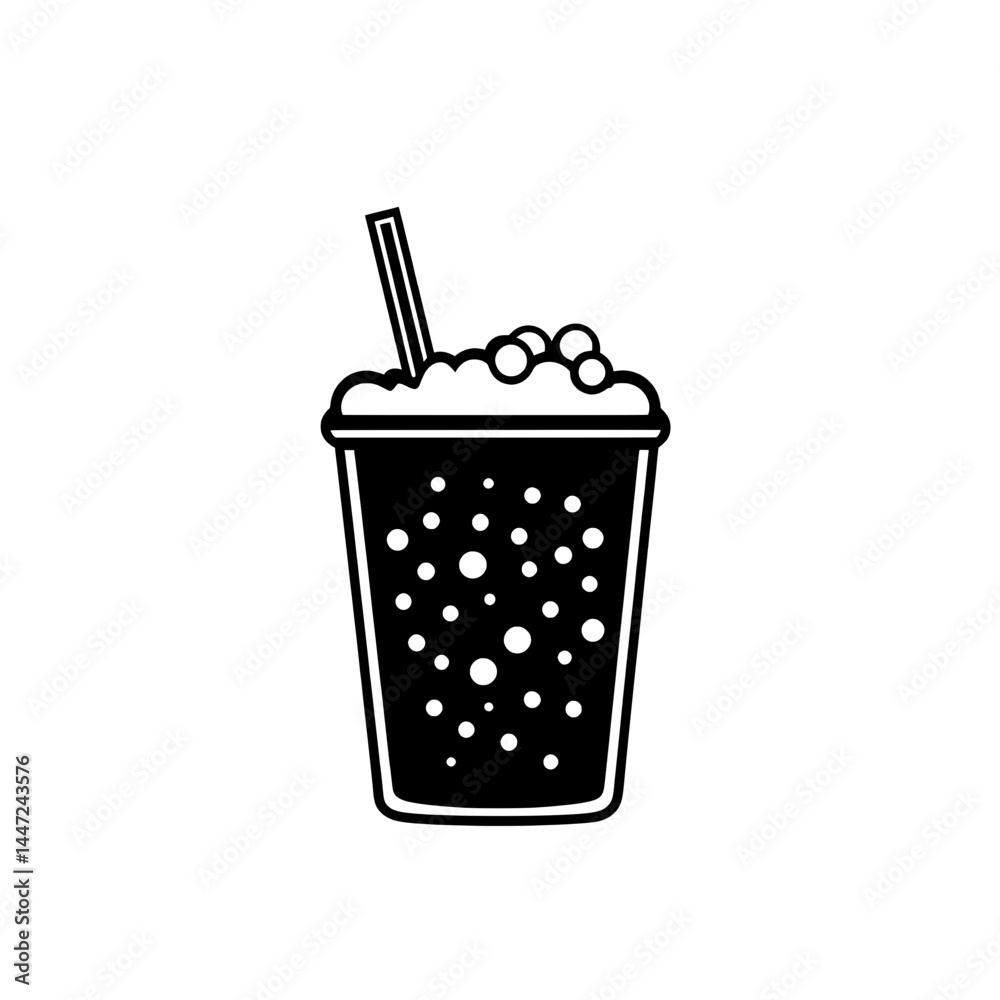 Black and white soda drink cup icon with straw and bubbles representing a cold beverage or fast food concept Black and white soda drink cup icon with straw and bubbles representing a cold beverage or fast food concept