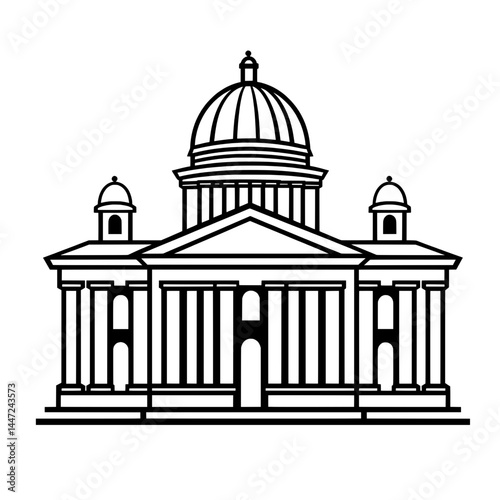 Vector icon of classical government building with domed roof and columns symbolizing architecture, politics, and historic institutions