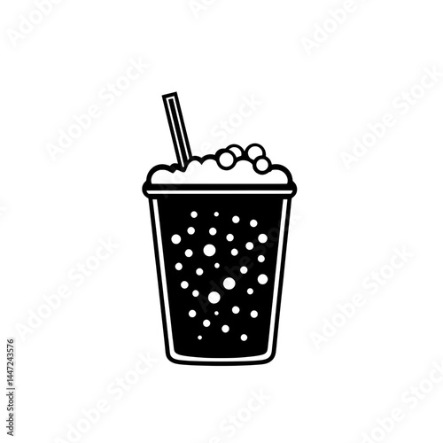 Black and white soda drink cup icon with straw and bubbles representing a cold beverage or fast food concept