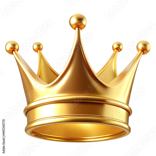 A regal golden crown with detailed spherical top ornaments isolated on transparent background.