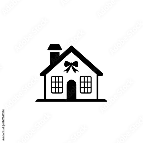Flat icon of a house with chimney and ribbon bow across roof symbolizing new home ownership or gift house concept