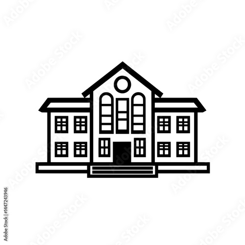 Front view of a school building icon with central entrance, multiple windows, and triangular roof in bold outline style