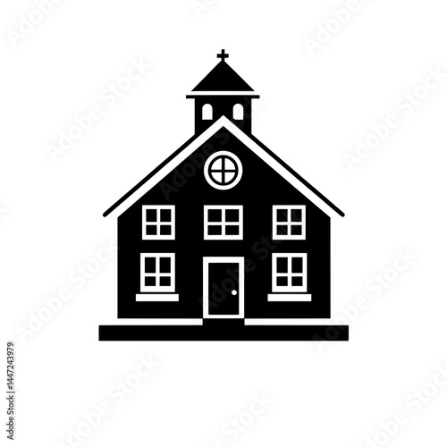 School building icon with bell tower and star in black silhouette representing educational institutions or public buildings