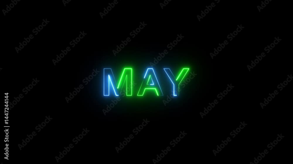 May neon glowing  isolated on black background. Neon glow signs in seamless loop motion graphic text  4k animated video. 