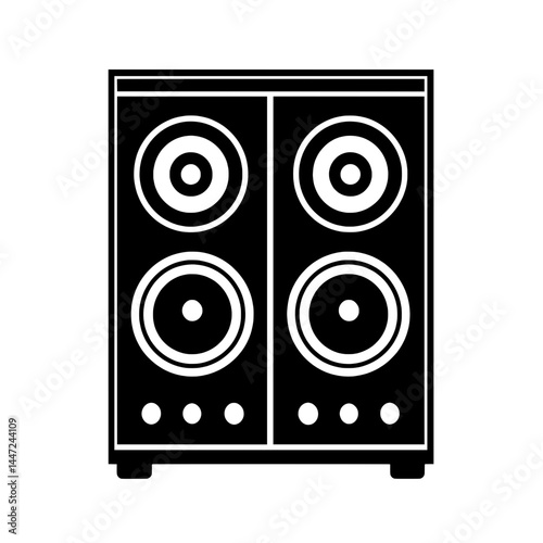Large stereo speaker icon in bold black with four circular speaker cones for powerful audio, bass systems, or DJ equipment design