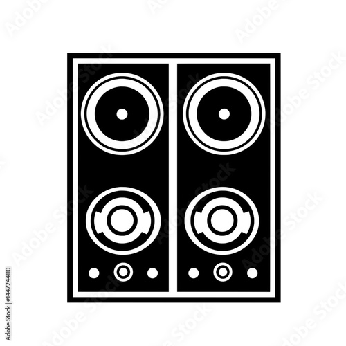 Black outlined stereo speaker cabinet icon with four circular drivers for high-performance sound systems or music production visuals