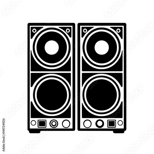 Dual vertical speaker tower icon in black with concentric woofer and tweeter designs for music, audio equipment, or home theater setup