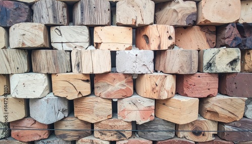 Background displays a stacked pile of weathered, rustic lumber showcasing a warm, textured aesthetic suitable for construction, design, or craft themes. photo
