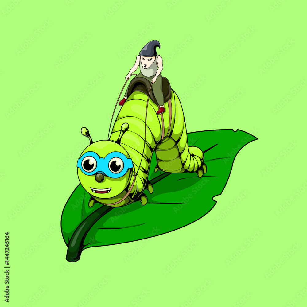 Obraz premium Cute cartoon caterpillar wearing goggles being ridden by a small character on a leaf. Whimsical and fun illustration.