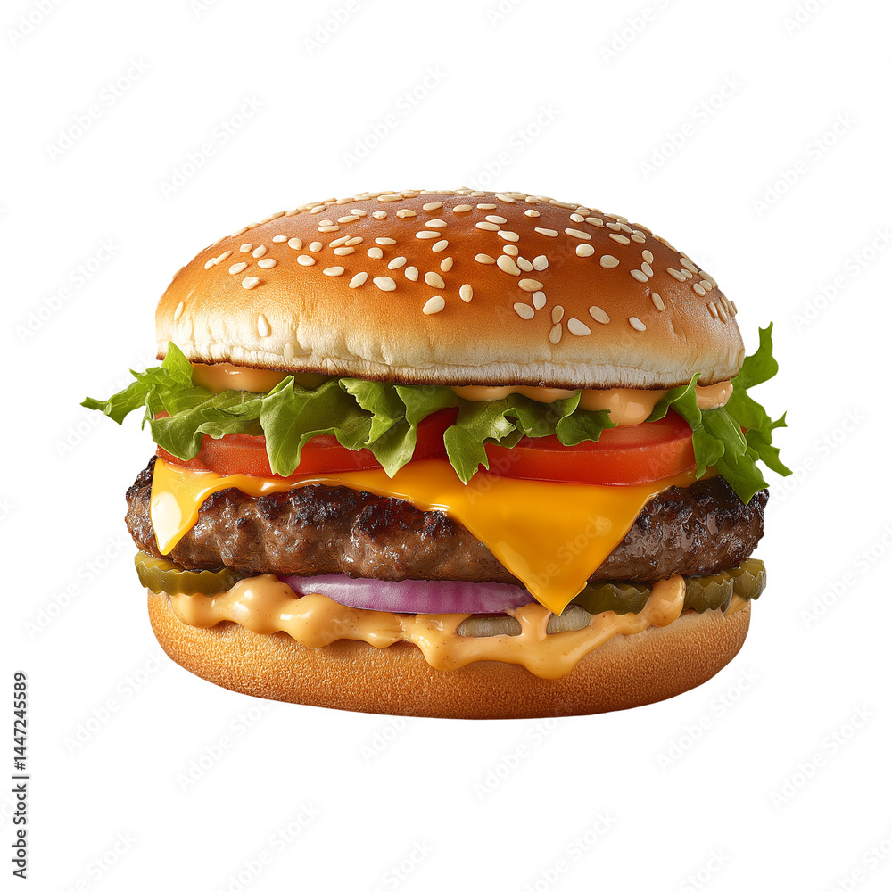 Classic grilled cheeseburger with cheddar, lettuce, tomato, and sesame seed bun isolated on white background Classic grilled cheeseburger with cheddar, lettuce, tomato, and sesame seed bun isolated on white background