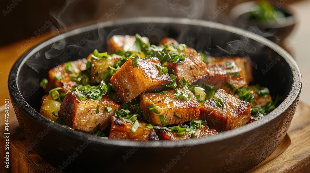 Delicious sizzling pork dish with herbs and spices served in a traditional stone platter Delicious sizzling pork dish with herbs and spices served in a traditional stone platter