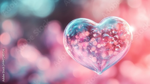 A translucent heart-shaped bubble floats gracefully against a dreamy, colorful background filled with soft bokeh, symbolizing love and whimsy in a serene atmosphere
