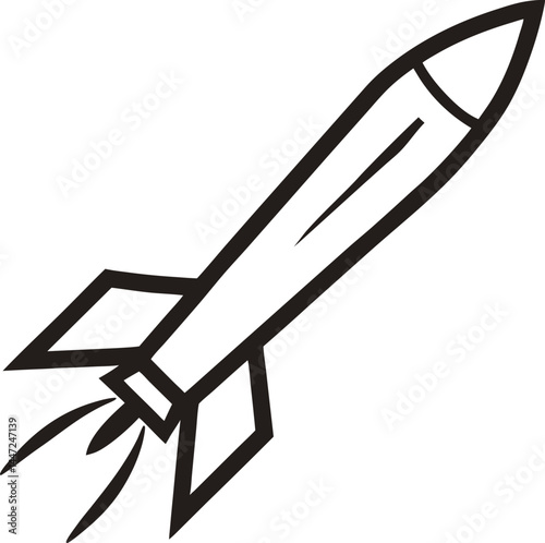Missile in flight illustrated in clean continuous line art style capturing motion dynamics and aerodynamics ideal for military aviation and defense illustrations