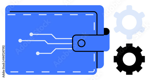 Blue wallet with circuit board design and two gears symbolize financial technology, digital currency, automation, innovation, blockchain, fintech services. Ideal for technology, e-commerce