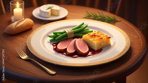 elegant French meal with duck breast gratin dauphinois green beans and brie ai generated