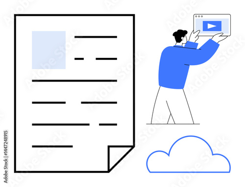 Digital document with organized text, person uploading video to web interface, and cloud graphic. Ideal for cloud storage, digital solutions, file sharing, content creation, online collaboration