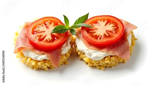 Rice cakes with cream cheese, prosciutto and tomato top view isolated on white background