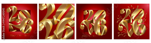 happy new year 2026 , 3d gold numbers and confetti. 3 d rendering