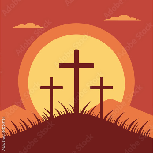 Three Crosses Silhouette at Sunset Landscape