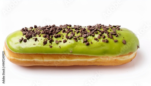 Long John Matcha Donut with Chocolate Sprinkles on White Background Isolated