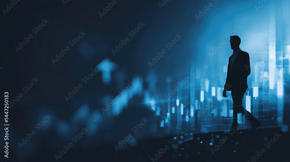Fototapeta premium Silhouette of a businessman walks forward through a backdrop of financial data. A deep blue color palette creates a sense of modern, powerful business success