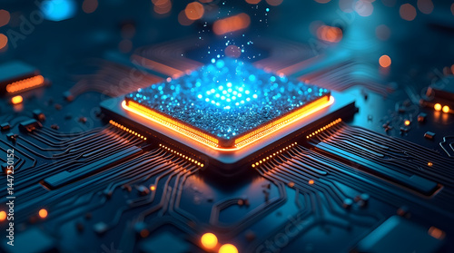 A highly detailed quantum computer processor core glowing with blue and gold energy patterns, surrounded by microchip circuits and superconducting wires,