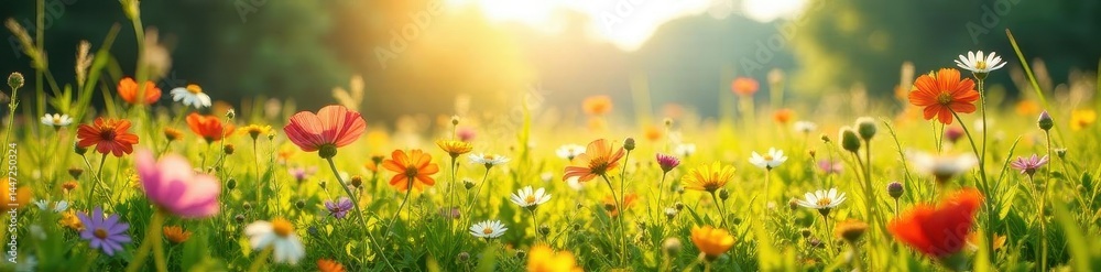 Sun-drenched meadow, wildflowers bloom vibrantly , purple, blue, environment Sun-drenched meadow, wildflowers bloom vibrantly , purple, blue, environment