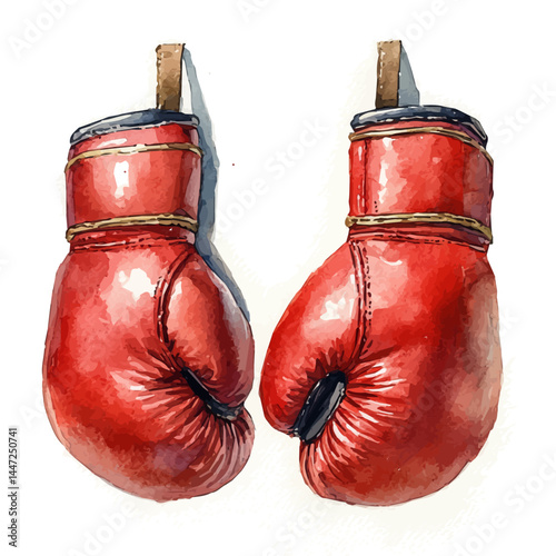 Pair Of Boxing Gloves Hanging In A Gym, vector watercolor illustration, isolated on a white background.