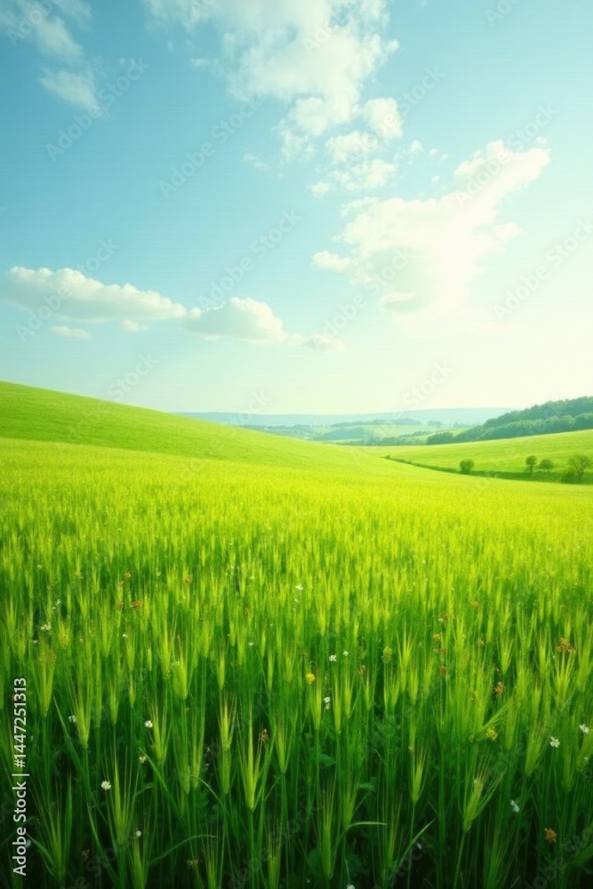 Fototapeta premium Serene Rolling Hills and Vibrant Green Wheat Field Under a Sunny Sky