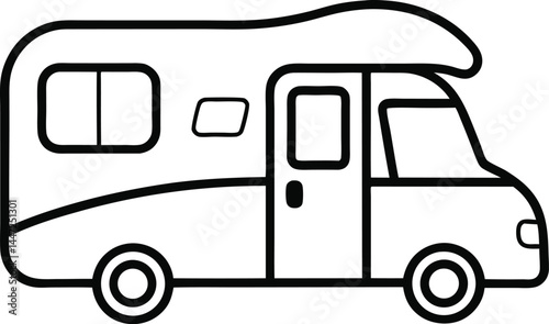 Motorhome camper vehicle drawn in minimalist continuous line art style representing travel freedom road trips and outdoor adventures ideal for vacation and RV lifestyle